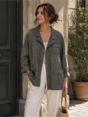 Flax Green Linen Button Down Safari Jacket Women’s Large Lagenlook Utility